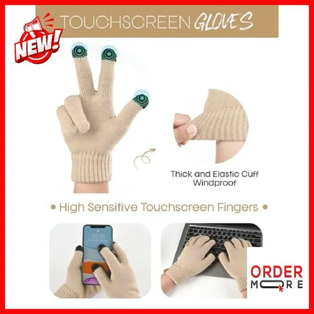 Winter Hat Scarf Gloves Set Fleece Knit Pom Beanie Touchscreen